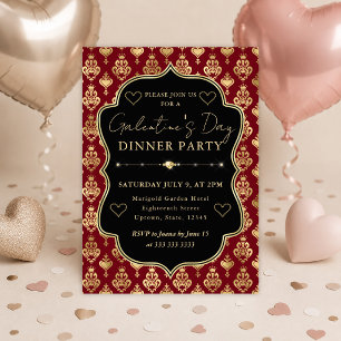 Invitation Fête de la Galentine en damassé rouge et or à cœur