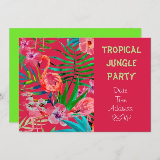 Invitation Fête de la Jungle tropicale avec flamant (Devant / Derrière)