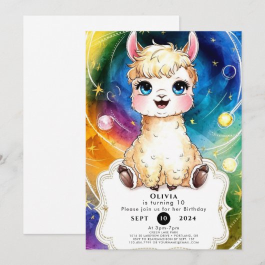 Invitation Fête de la Llama Whimsical (Devant / Derrière)