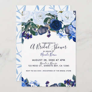 Invitation Fête de la mariée blanche et bleue de bouquet