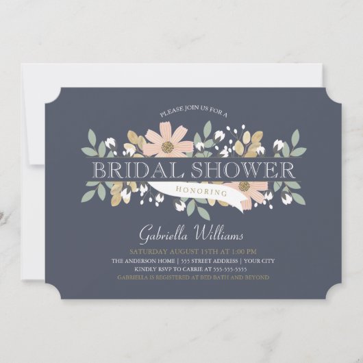 Invitation Fête de la mariée de floraison dans la marine (Devant)