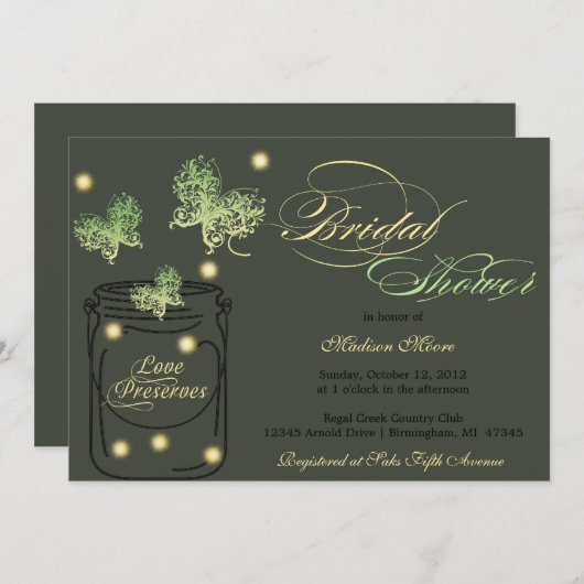 Invitation Fête de la mariée de lucioles et de pot de maçon - (Devant / Derrière)