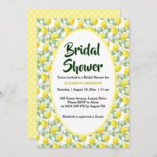 Invitation Fête de la mariée de vert jaune de citronnier (Devant / Derrière)