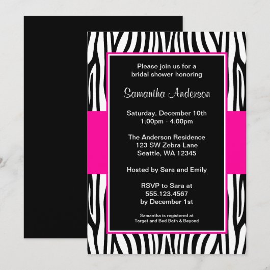 Invitation Fête de la mariée de zèbre de roses indien (Devant / Derrière)