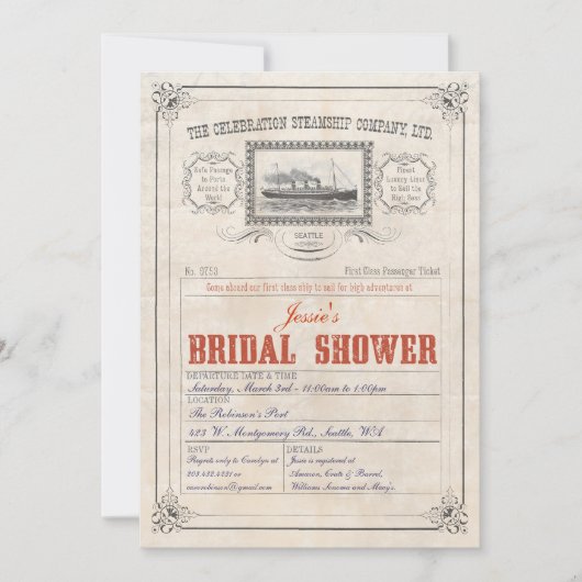 Invitation Fête de la mariée d'invitation de billet de (Devant)