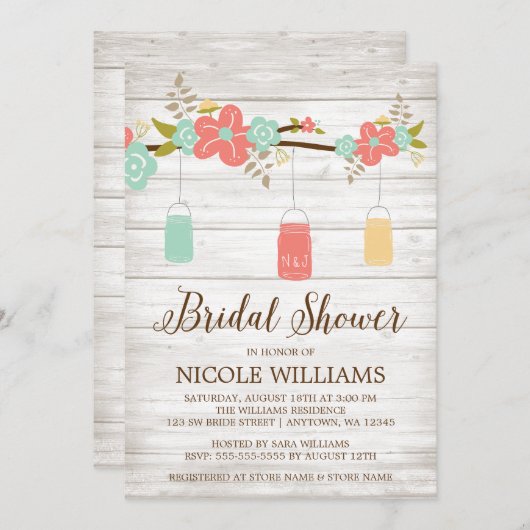 Invitation Fête de la mariée en bois de corail rustique de (Devant / Derrière)