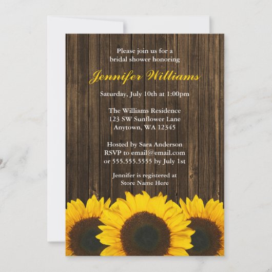 Invitation Fête de la mariée en bois de grange de tournesol (Devant)