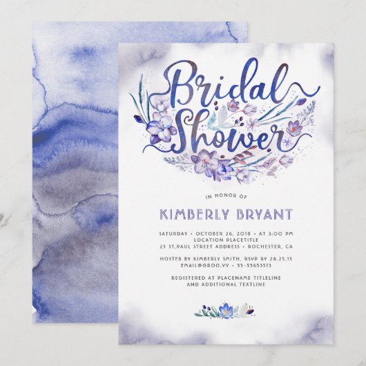 Invitation Fête de la mariée florale bleue d'aquarelle de (Devant / Derrière)