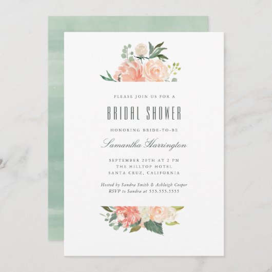 Invitation Fête de la mariée florale d'aquarelle de pêche et (Devant / Derrière)