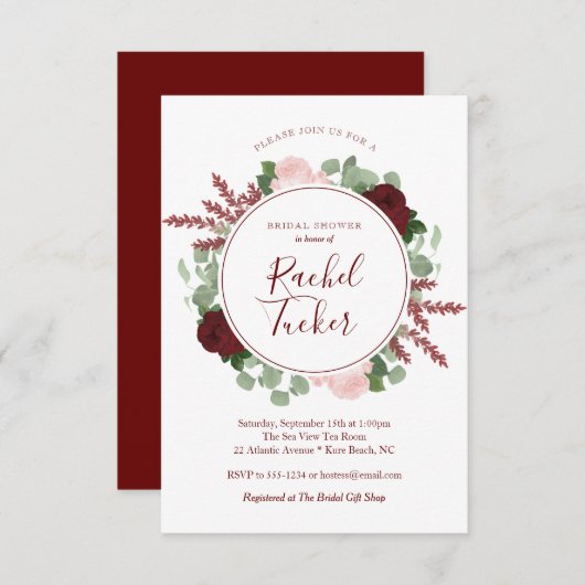 Invitation Fête de la mariée florale de Bourgogne d'aquarelle (Devant / Derrière)