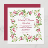 Invitation Fête de la mariée florale de rose assez rouge et (Devant / Derrière)