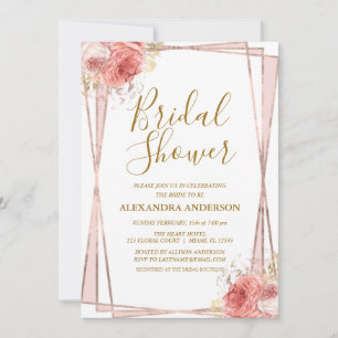 Invitation Fête de la mariée florale d'or de rose blanc