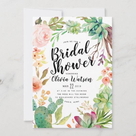Invitation Fête de la mariée florale succulente de cactus (Devant)