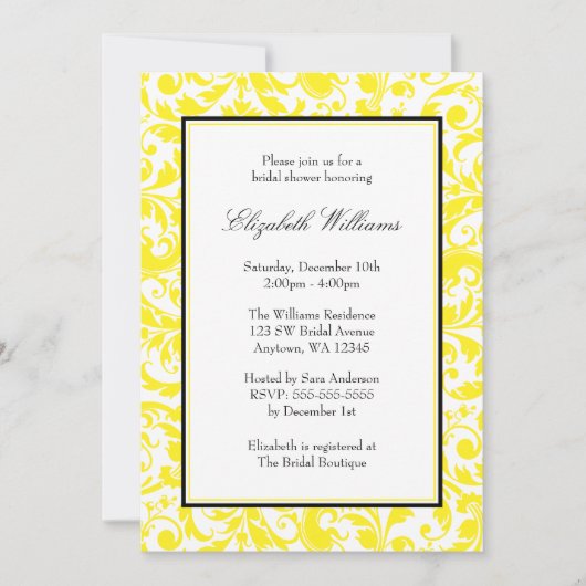 Invitation Fête de la mariée jaune et noire de damassé de (Devant)
