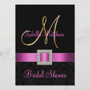 Invitation Fête de la mariée noire rose d'initiale d'or de