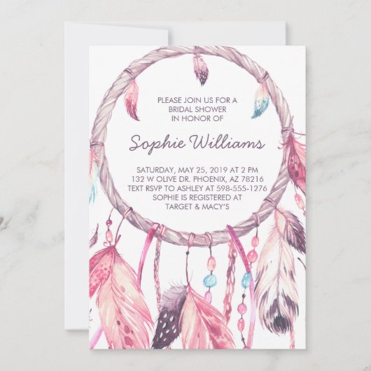 Invitation Fête de la mariée rose de Boho Dreamcatcher (Devant)