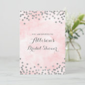 Invitation Fête de la mariée rose de confettis d'argent (Debout devant)