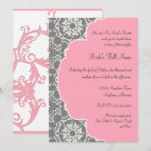 Invitation Fête de la mariée rose et grise de damassé (Devant / Derrière)