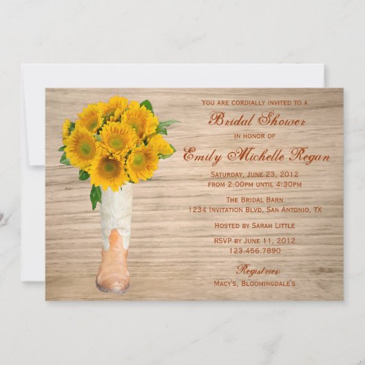 Invitation Fête de la mariée rustique de bottes et de (Devant)
