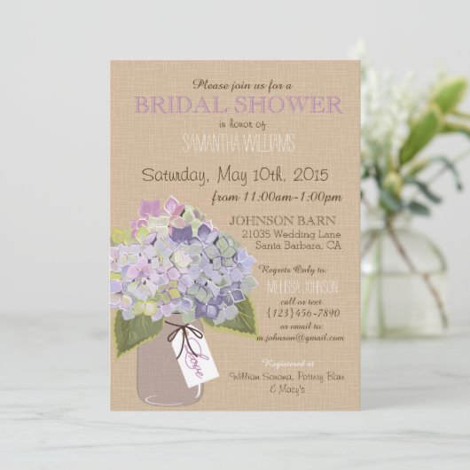 Invitation Fête de la mariée rustique d'hortensia de pot de (Debout devant)
