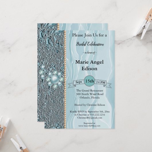 Invitation Fête de la mariée Turquoise Blue Foil & Silk & Pea (Devant/Arrière en situation)