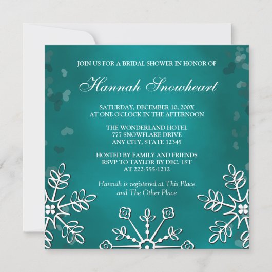 INVITATION FÊTE DE LA MARIÉE TURQUOISE DE FLOCON DE NEIGE (Devant)