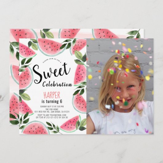Invitation Fête de la pastèque douce Photo d'anniversaire (Devant / Derrière)