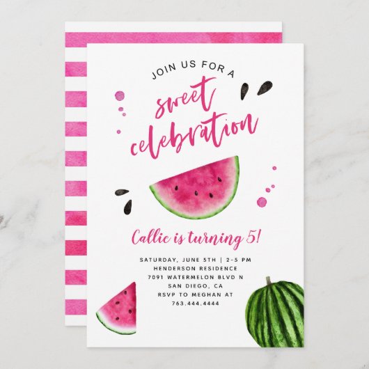 Invitation Fête de la pastèque Sweet Celebration Anniversaire (Devant / Derrière)