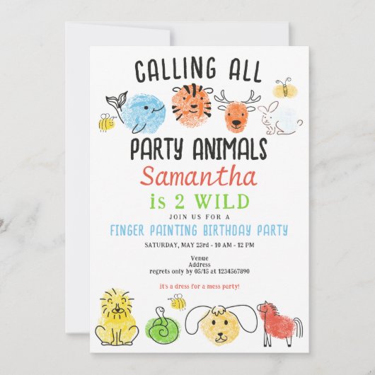 Invitation Fête de la peinture sur doigt Animaux Fête d'anniv (Devant)