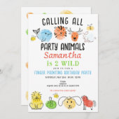 Invitation Fête de la peinture sur doigt Animaux Fête d'anniv (Devant / Derrière)