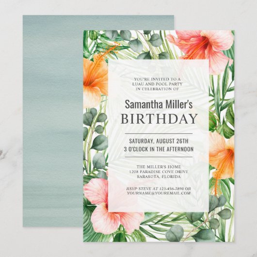 Invitation Fête de la piscine d'anniversaire de Luau (Devant / Derrière)