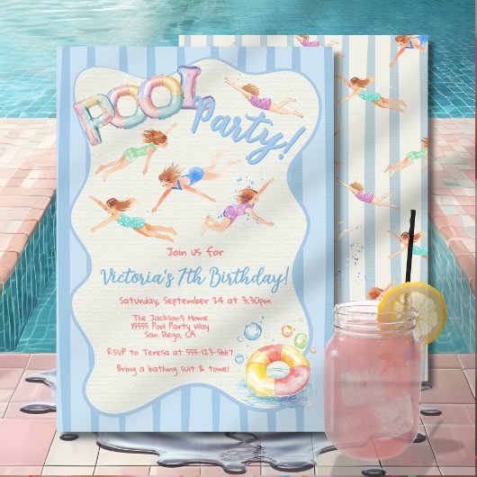 Invitation Fête de la piscine d'anniversaire de Preppy
