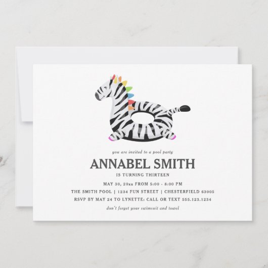 Invitation Fête de la piscine d'anniversaire du Zebra Float (Devant)