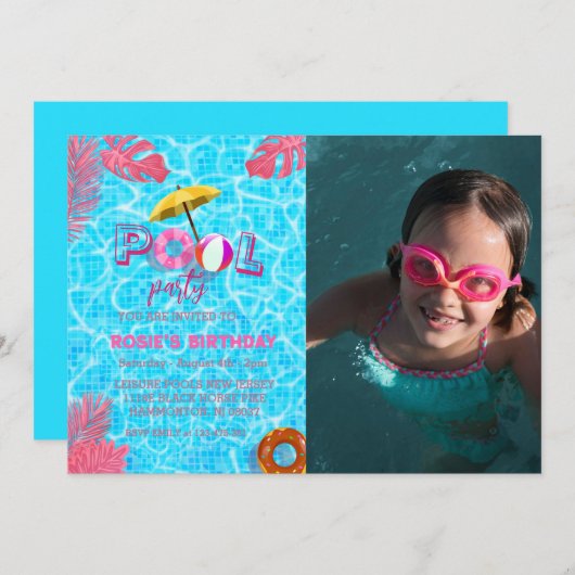 Invitation Fête de la piscine d'anniversaire tropicale (Devant / Derrière)