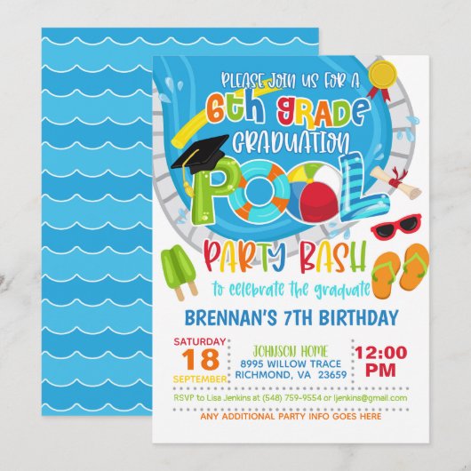 Invitation Fête de la piscine de 6e année - Garçon (Devant / Derrière)