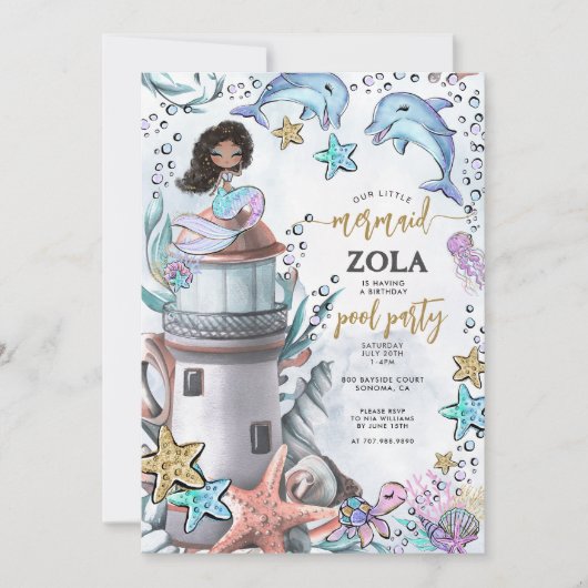 Invitation Fête de la piscine de la Sirène rose bleu (Devant)