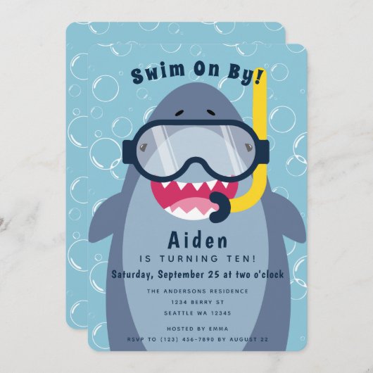 Invitation Fête de la piscine de requin mignonne Anniversaire (Devant / Derrière)