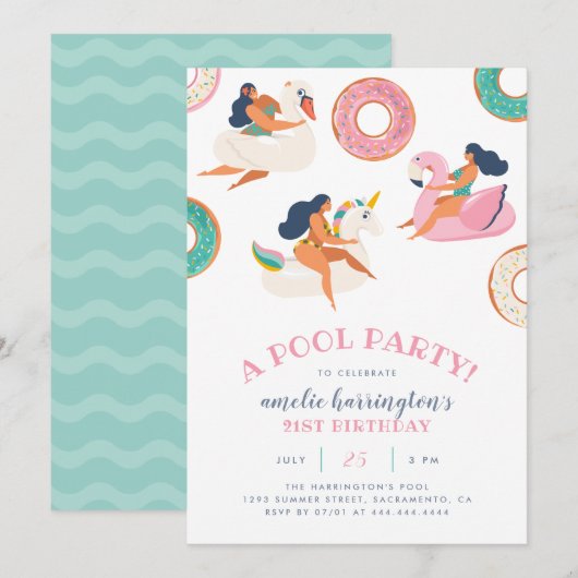Invitation Fête de la piscine d'été| Flamant rose et annivers (Devant / Derrière)