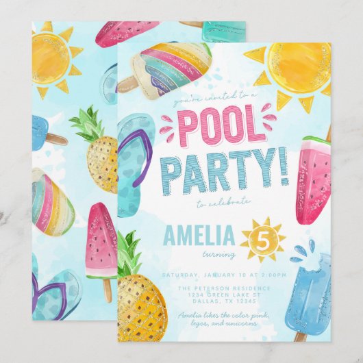 Invitation Fête de la piscine d'été tropicale Anniversaire (Devant / Derrière)