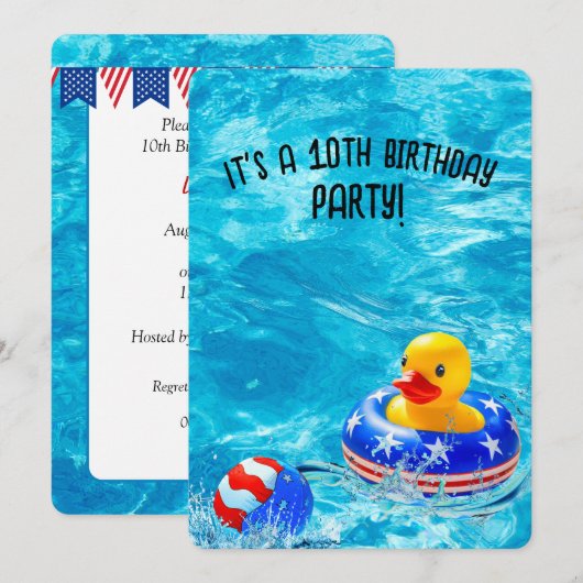 Invitation Fête de la piscine du 10e anniversaire avec canard (Devant / Derrière)