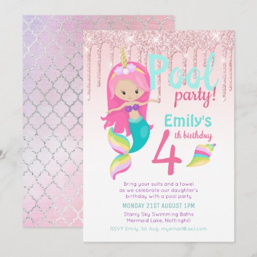Invitation Fête de la PISCINE Mermaid Purple rose Silver Part (Devant / Derrière)