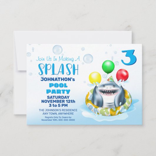 Invitation Fête de la piscine pour enfants requins (Devant)