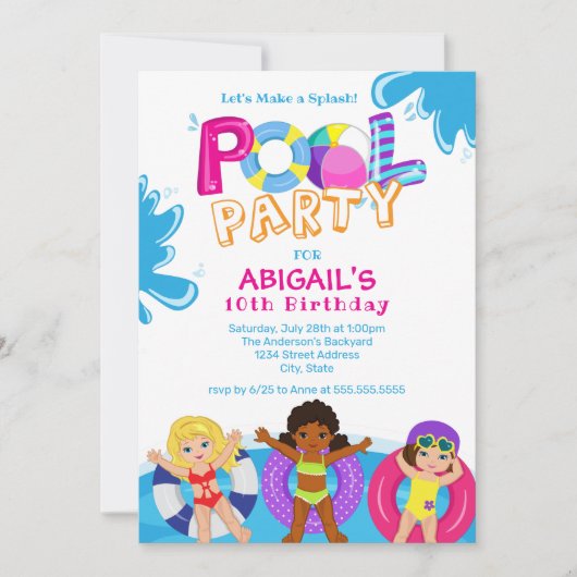 Invitation Fête de la piscine pour filles 10e anniversaire (Devant)