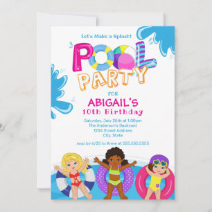 Invitation Fête de la piscine pour filles 10e anniversaire