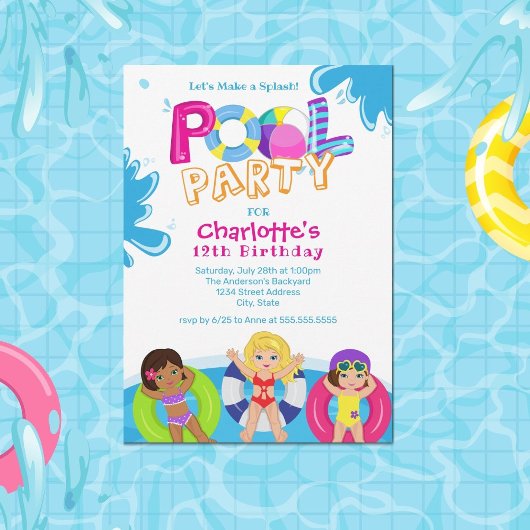 Invitation Fête de la piscine pour filles 12e anniversaire