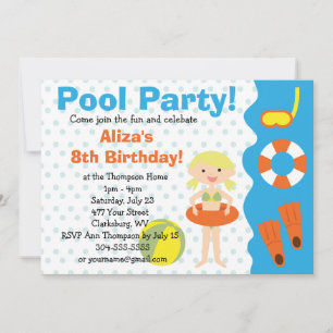 Invitation Fête de la piscine pour filles personnalisable