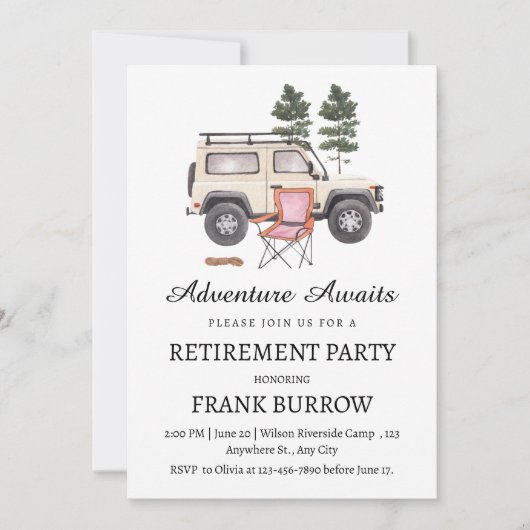 Invitation Fête de la retraite du thème du camping (Devant)