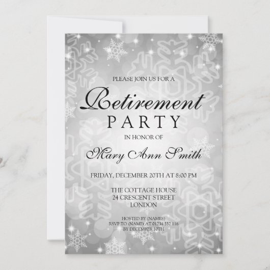 Invitation Fête de la retraite Silver Winter Bokeh Lights (Devant)