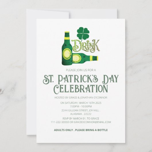 Invitation Fête de la Saint-Patrick au Trèfle Vert Élégant (Devant)