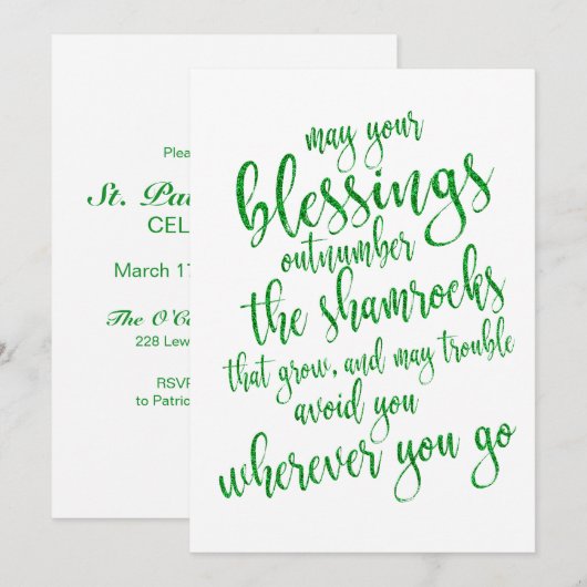 Invitation Fête de la Saint-Patrick Paillettes Vertes Froides (Devant / Derrière)